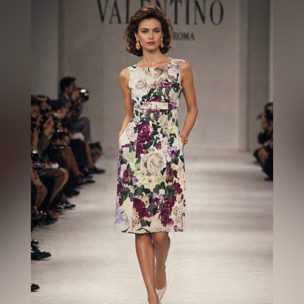 Valentino 90s Y2k Floral Bow Shift Midi Vintage Dress 44/ Us 8